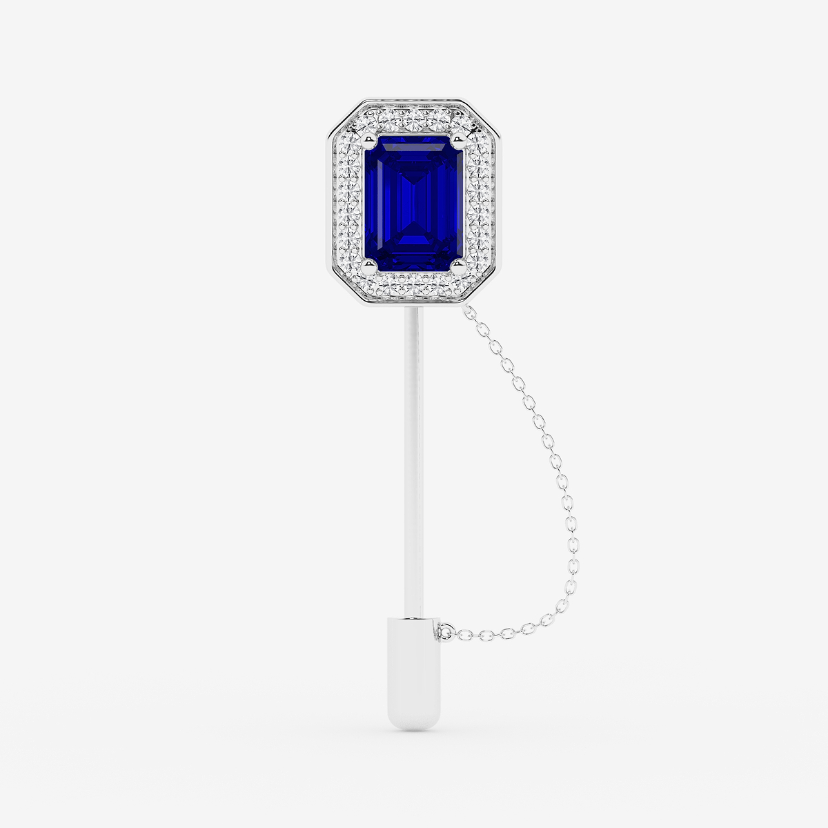 5 ctw Emerald Cut Sapphire with Round Lab Grown Diamond Halo Lapel Pin